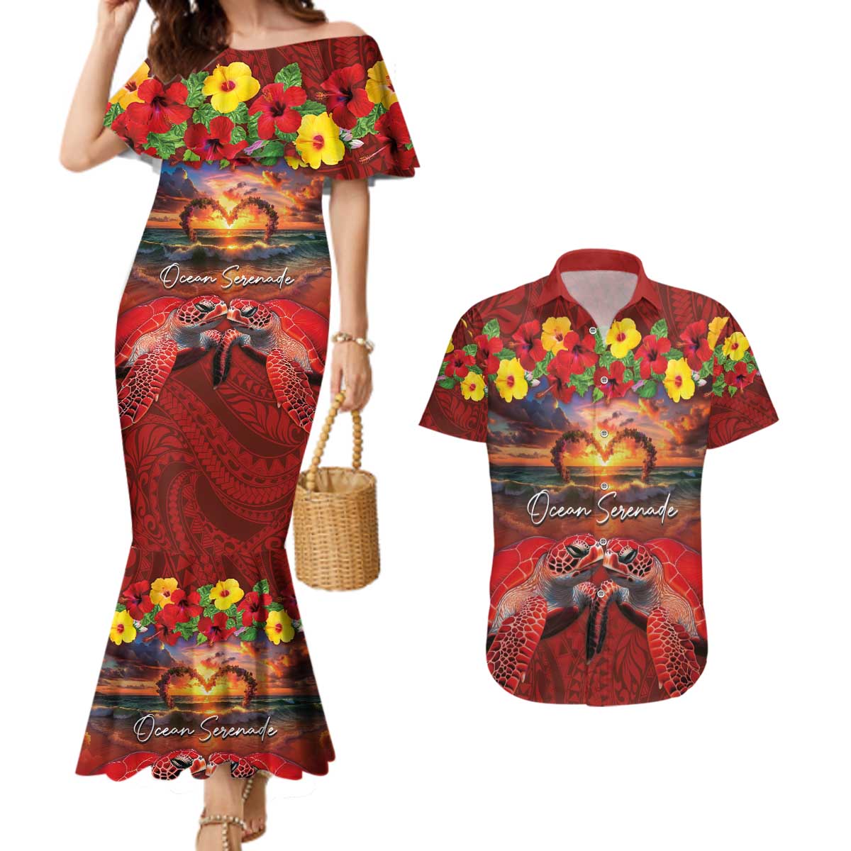 Hawaiian Turtle Love Couple Couples Matching Mermaid Dress and Hawaiian Shirt Ocean Serenade - Honu Honi Ihu with Hibiscus and Romantic Sunset Red Color