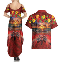 Hawaiian Turtle Love Couple Couples Matching Summer Maxi Dress and Hawaiian Shirt Ocean Serenade - Honu Honi Ihu with Hibiscus and Romantic Sunset Red Color
