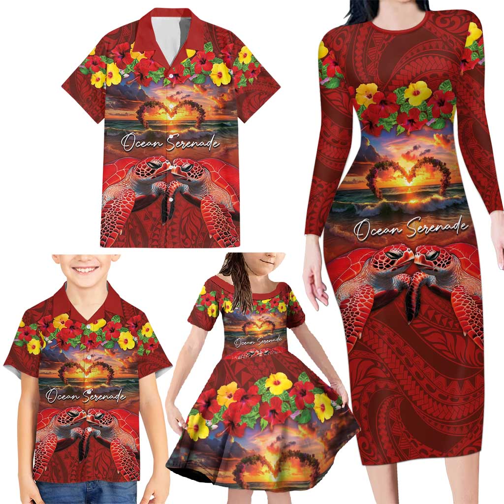 Hawaiian Turtle Love Couple Family Matching Long Sleeve Bodycon Dress and Hawaiian Shirt Ocean Serenade - Honu Honi Ihu with Hibiscus and Romantic Sunset Red Color