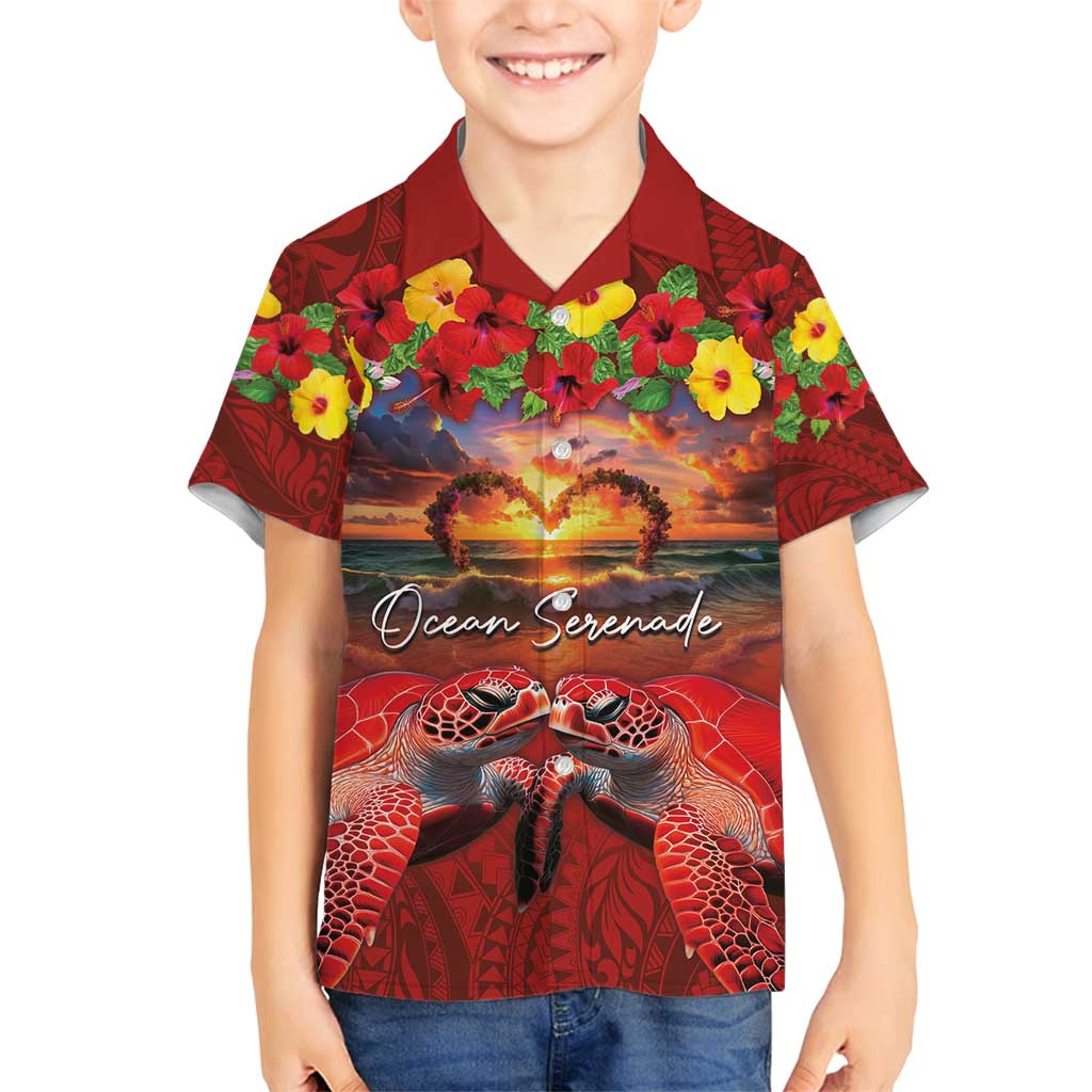 Hawaiian Turtle Love Couple Family Matching Long Sleeve Bodycon Dress and Hawaiian Shirt Ocean Serenade - Honu Honi Ihu with Hibiscus and Romantic Sunset Red Color