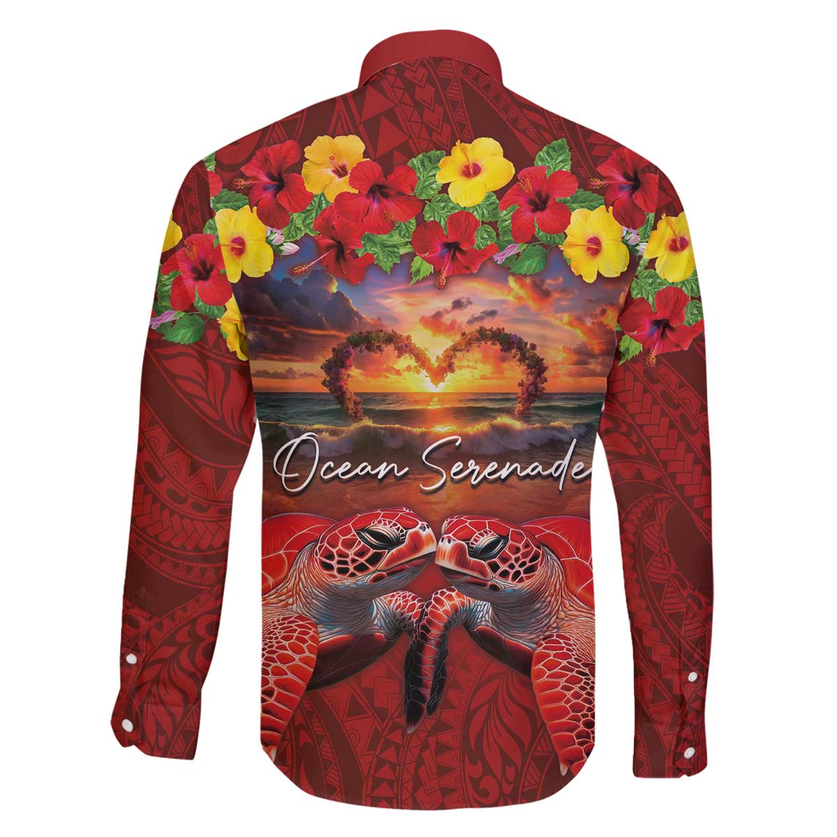 Hawaiian Turtle Love Couple Family Matching Off The Shoulder Long Sleeve Dress and Hawaiian Shirt Ocean Serenade - Honu Honi Ihu with Hibiscus and Romantic Sunset Red Color