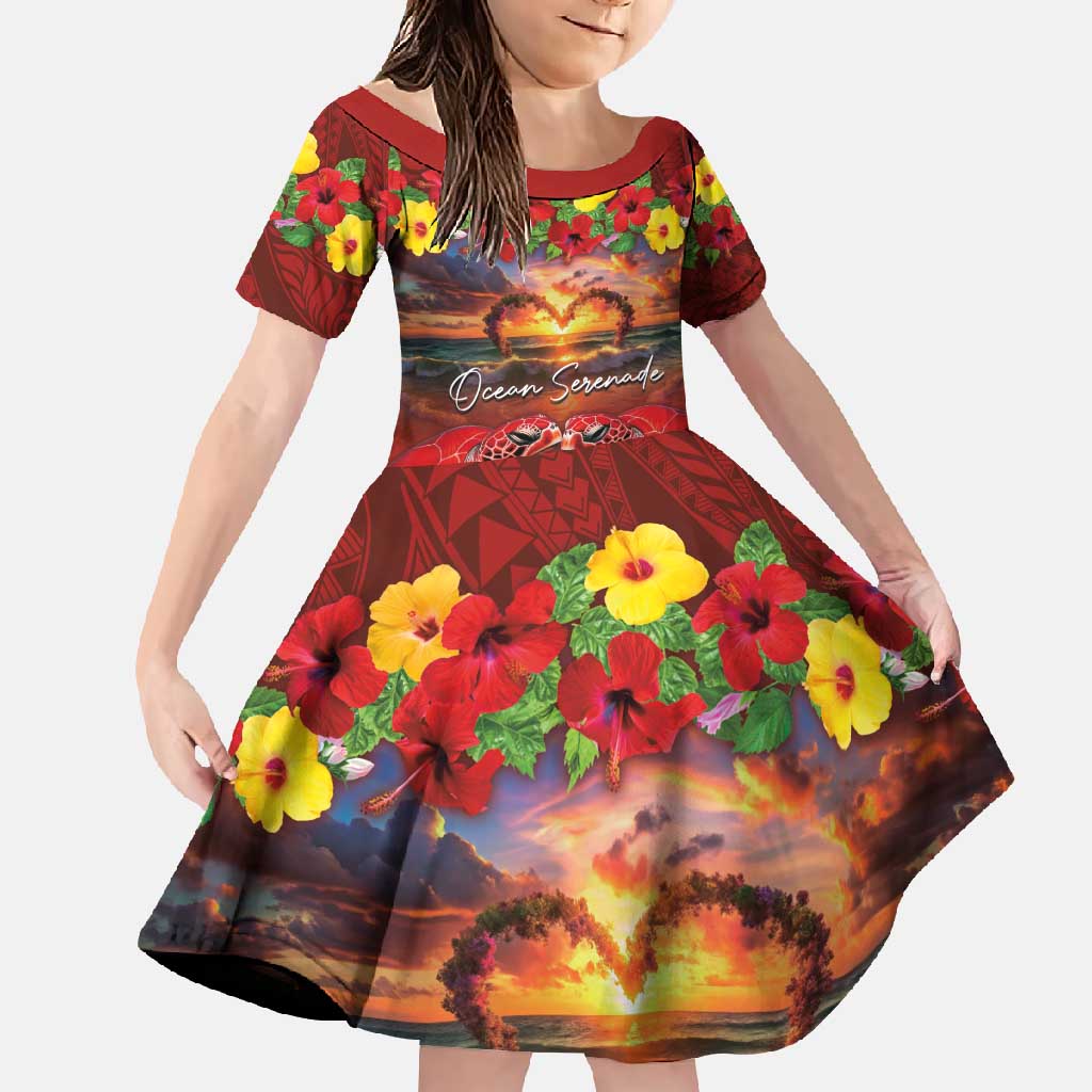 Hawaiian Turtle Love Couple Family Matching Short Sleeve Bodycon Dress and Hawaiian Shirt Ocean Serenade - Honu Honi Ihu with Hibiscus and Romantic Sunset Red Color