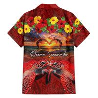 Hawaiian Turtle Love Couple Family Matching Tank Maxi Dress and Hawaiian Shirt Ocean Serenade - Honu Honi Ihu with Hibiscus and Romantic Sunset Red Color