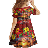 Hawaiian Turtle Love Couple Kid Short Sleeve Dress Ocean Serenade - Honu Honi Ihu with Hibiscus and Romantic Sunset Red Color