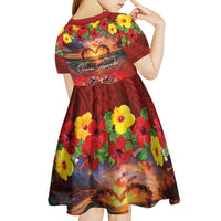 Hawaiian Turtle Love Couple Kid Short Sleeve Dress Ocean Serenade - Honu Honi Ihu with Hibiscus and Romantic Sunset Red Color
