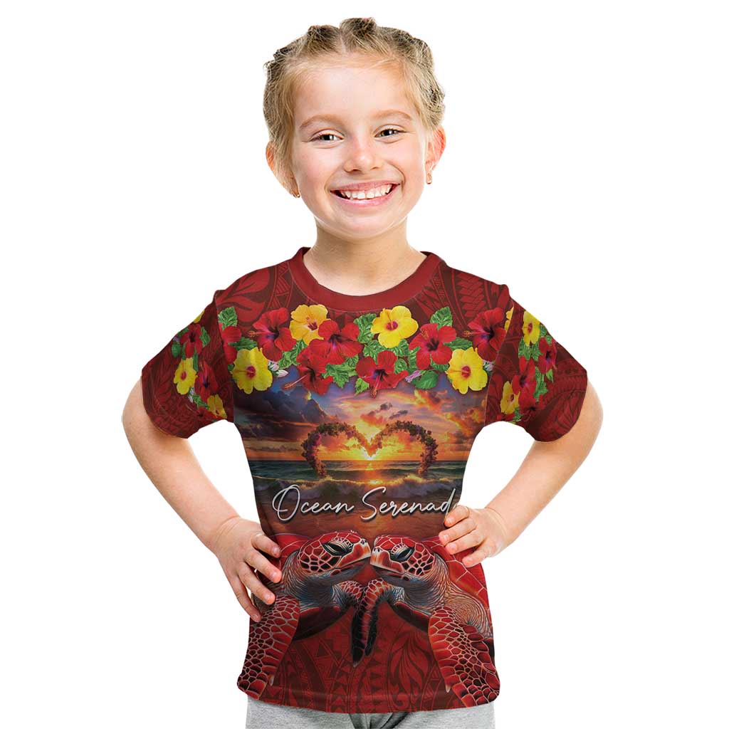 Hawaiian Turtle Love Couple Kid T Shirt Ocean Serenade - Honu Honi Ihu with Hibiscus and Romantic Sunset Red Color LT03 Red - Polynesian Pride