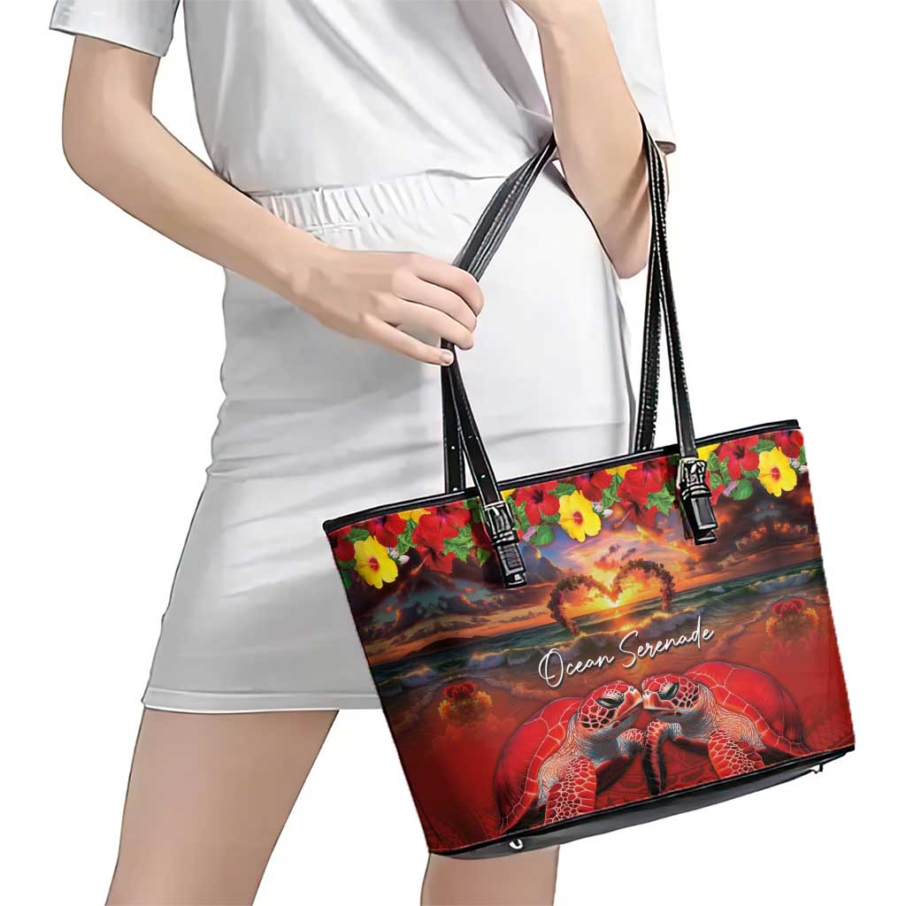 Hawaiian Turtle Love Couple Leather Tote Bag Ocean Serenade - Honu Honi Ihu with Hibiscus and Romantic Sunset Red Color LT03 - Polynesian Pride