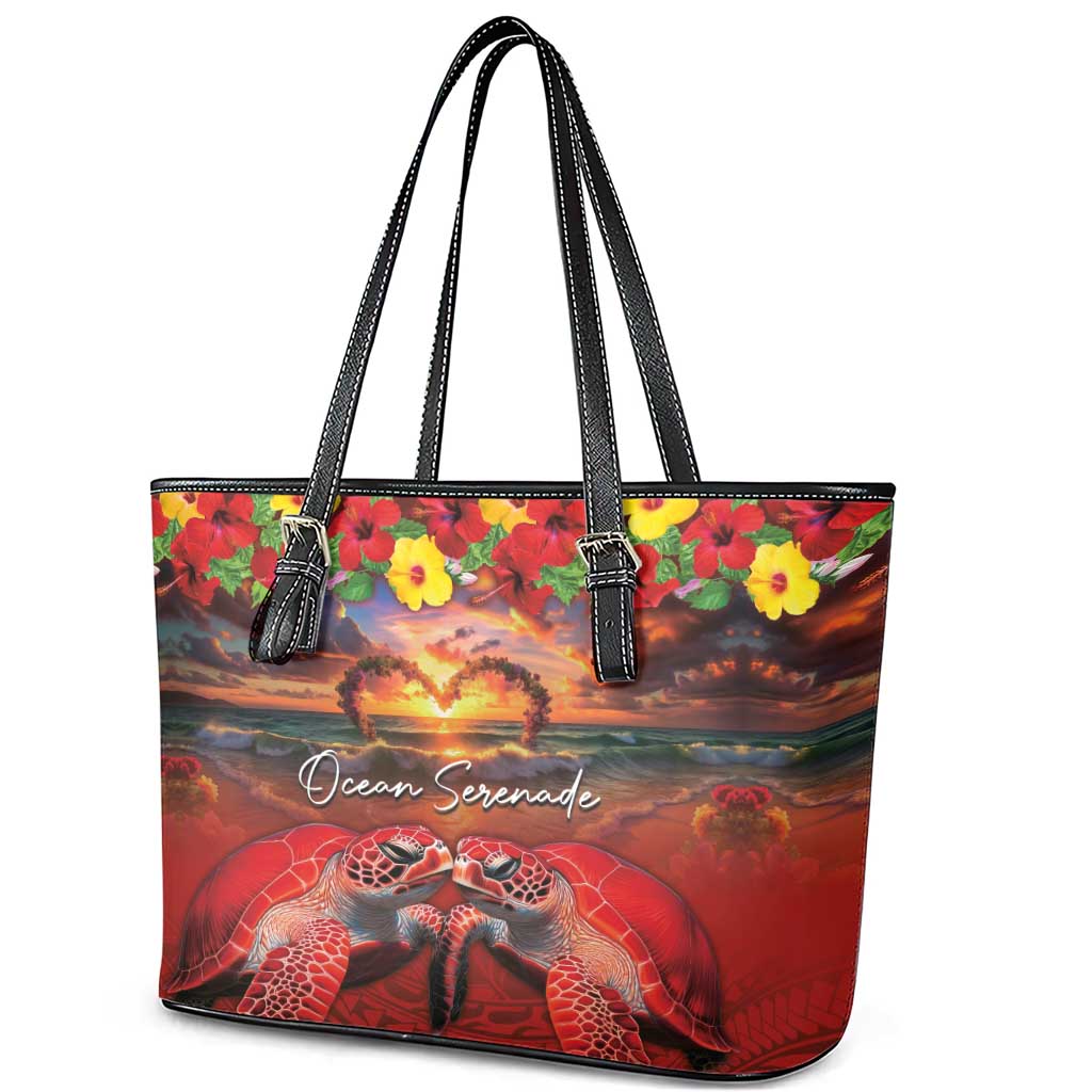 Hawaiian Turtle Love Couple Leather Tote Bag Ocean Serenade - Honu Honi Ihu with Hibiscus and Romantic Sunset Red Color LT03 - Polynesian Pride