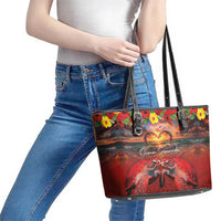 Hawaiian Turtle Love Couple Leather Tote Bag Ocean Serenade - Honu Honi Ihu with Hibiscus and Romantic Sunset Red Color LT03 - Polynesian Pride