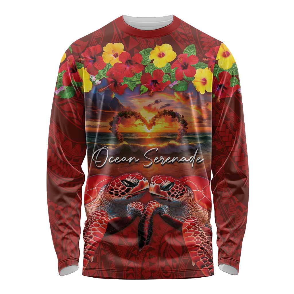 Hawaiian Turtle Love Couple Long Sleeve Shirt Ocean Serenade - Honu Honi Ihu with Hibiscus and Romantic Sunset Red Color