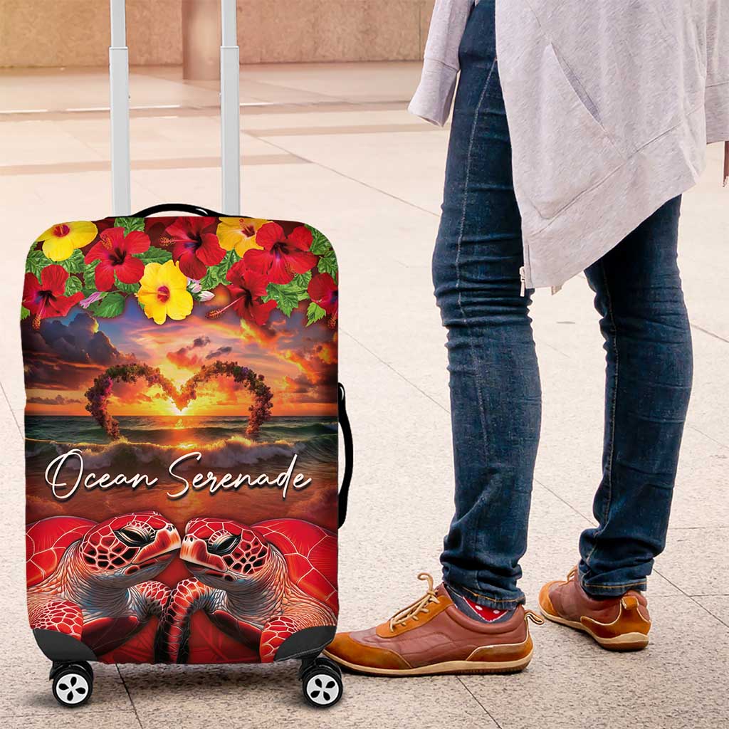 Hawaiian Turtle Love Couple Luggage Cover Ocean Serenade - Honu Honi Ihu with Hibiscus and Romantic Sunset Red Color