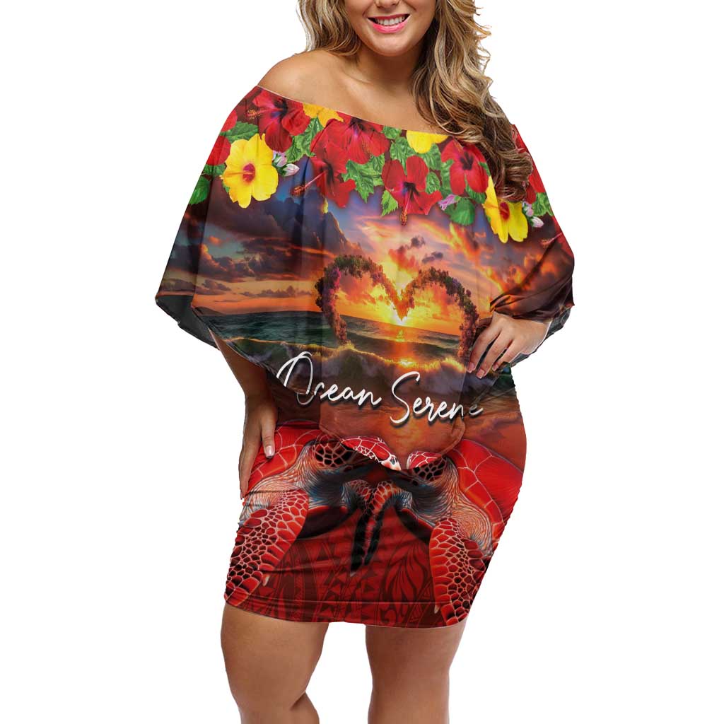 Hawaiian Turtle Love Couple Off Shoulder Short Dress Ocean Serenade - Honu Honi Ihu with Hibiscus and Romantic Sunset Red Color