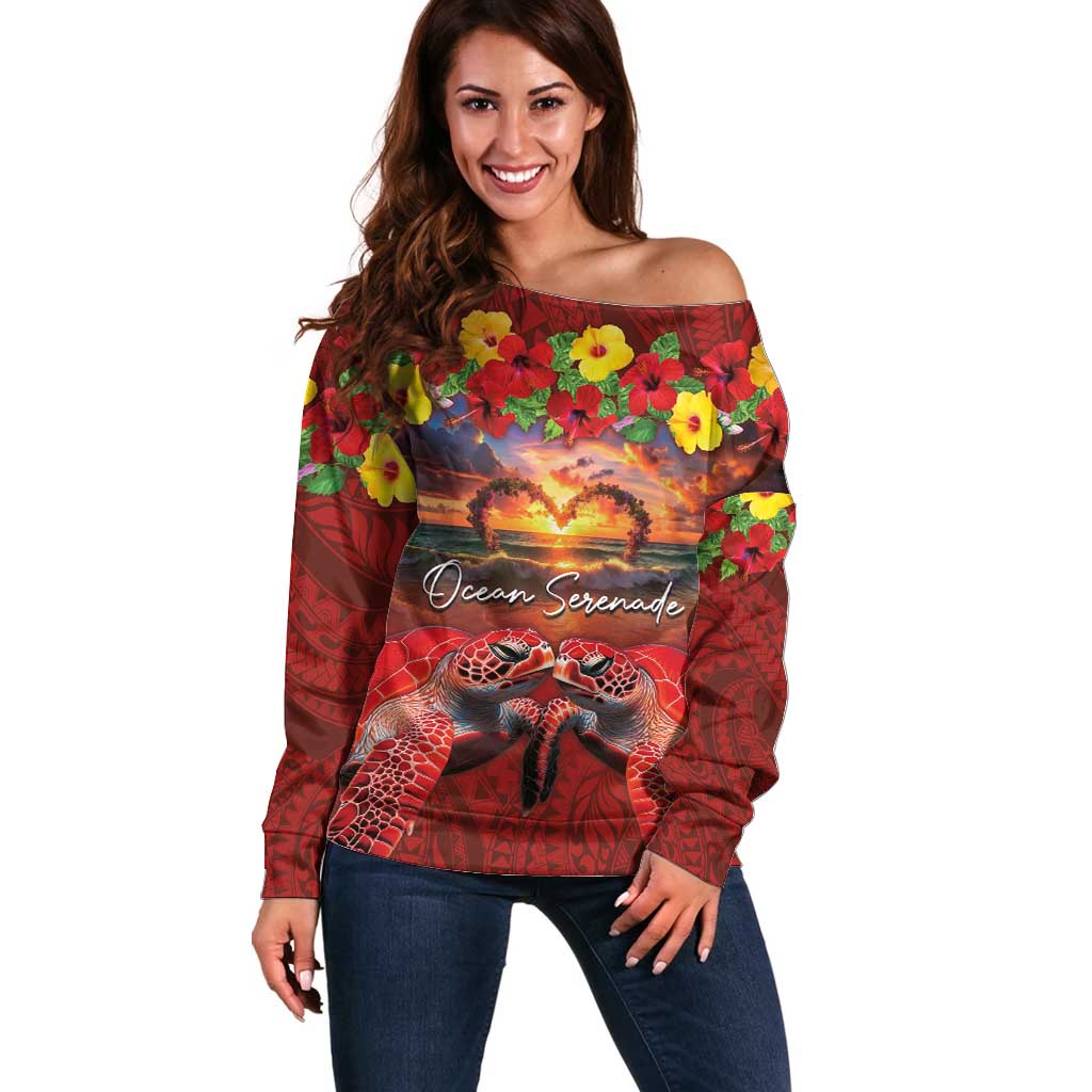 Hawaiian Turtle Love Couple Off Shoulder Sweater Ocean Serenade - Honu Honi Ihu with Hibiscus and Romantic Sunset Red Color