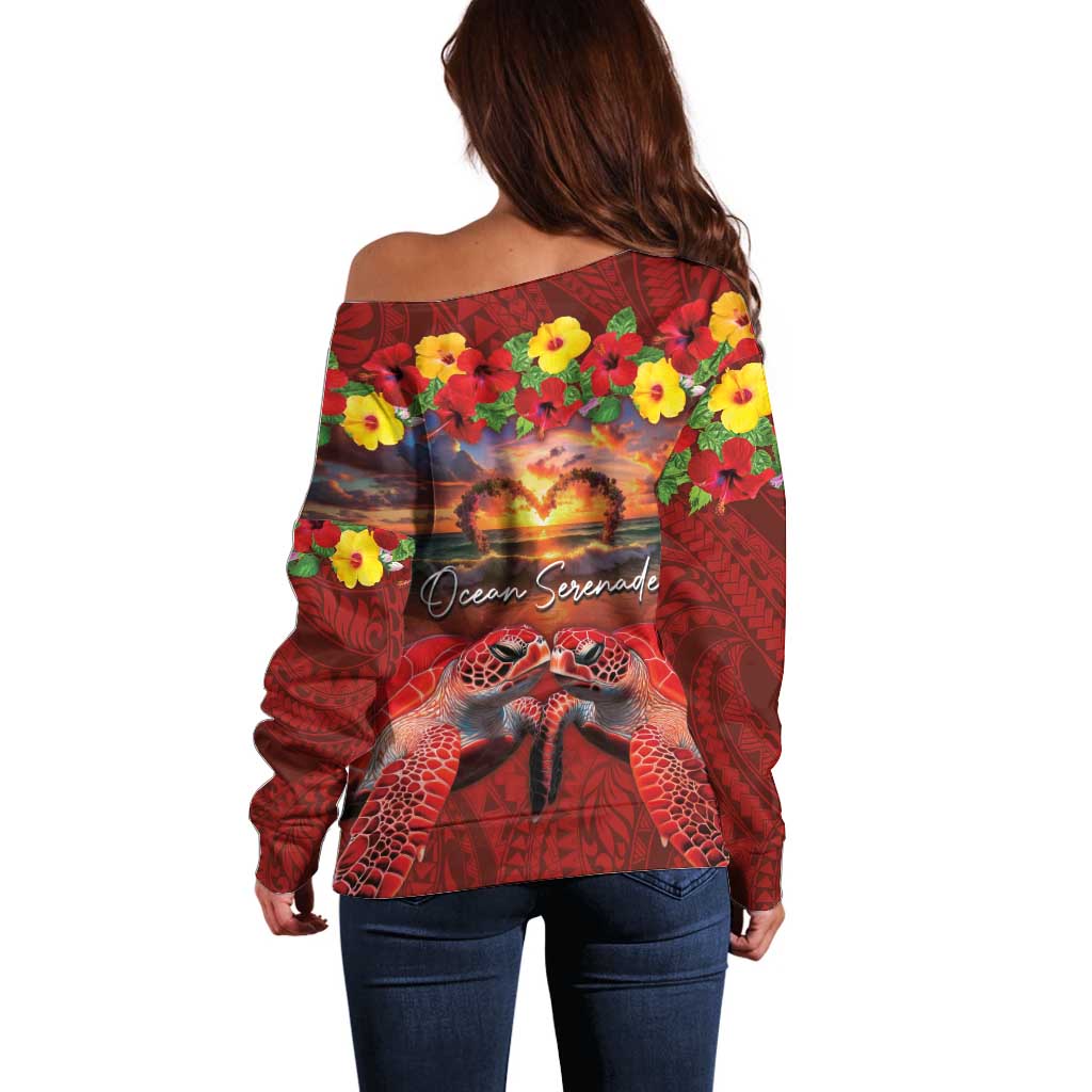 Hawaiian Turtle Love Couple Off Shoulder Sweater Ocean Serenade - Honu Honi Ihu with Hibiscus and Romantic Sunset Red Color