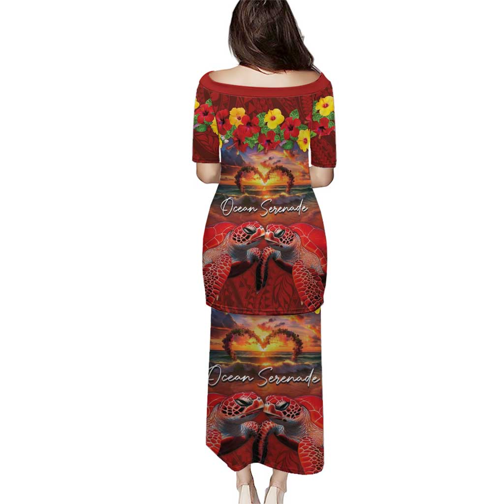 Hawaiian Turtle Love Couple Puletasi Ocean Serenade - Honu Honi Ihu with Hibiscus and Romantic Sunset Red Color LT03 - Polynesian Pride