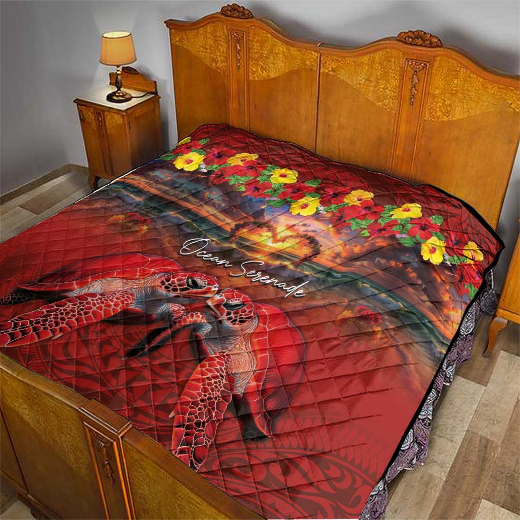 Hawaiian Turtle Love Couple Quilt Ocean Serenade - Honu Honi Ihu with Hibiscus and Romantic Sunset Red Color