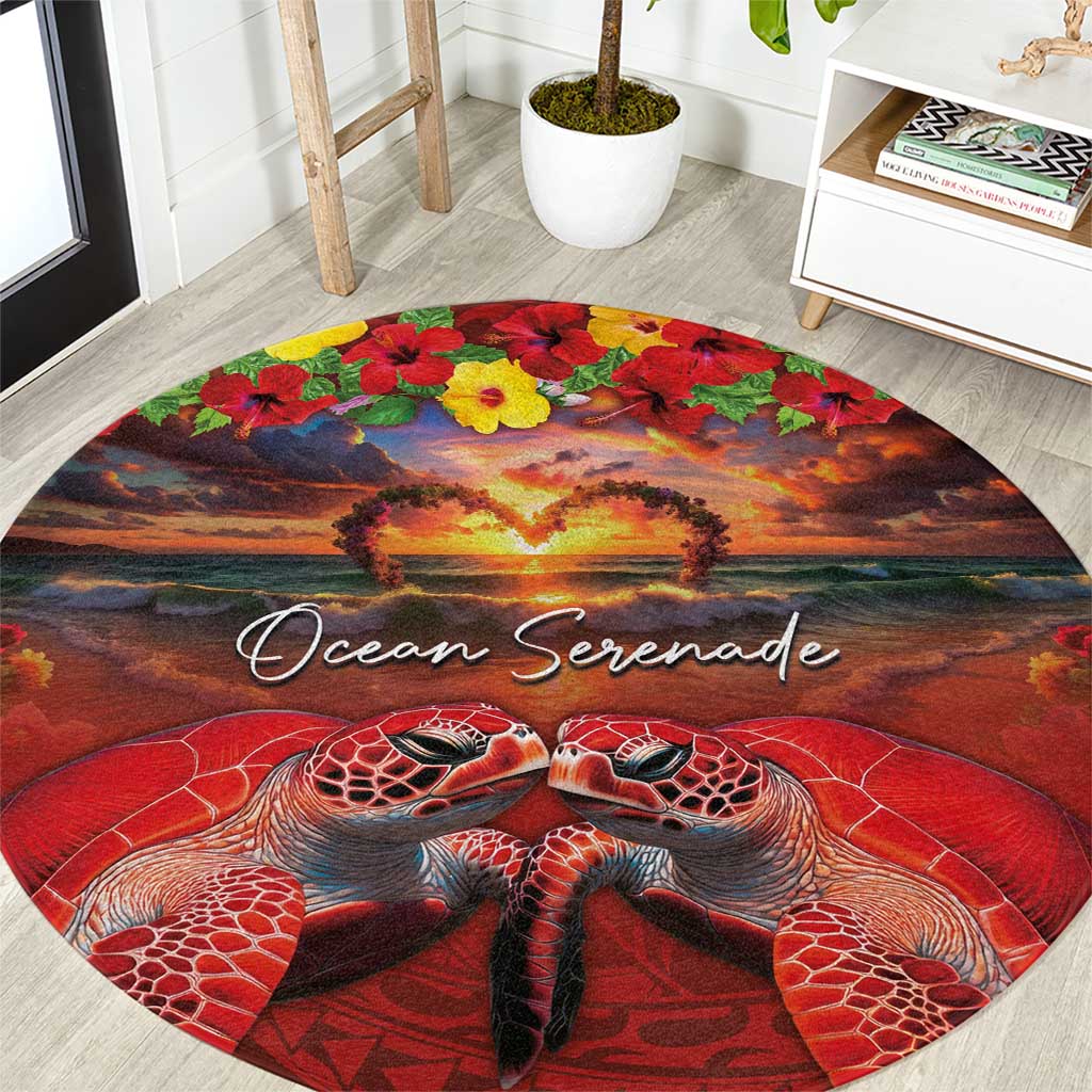 Hawaiian Turtle Love Couple Round Carpet Ocean Serenade - Honu Honi Ihu with Hibiscus and Romantic Sunset Red Color