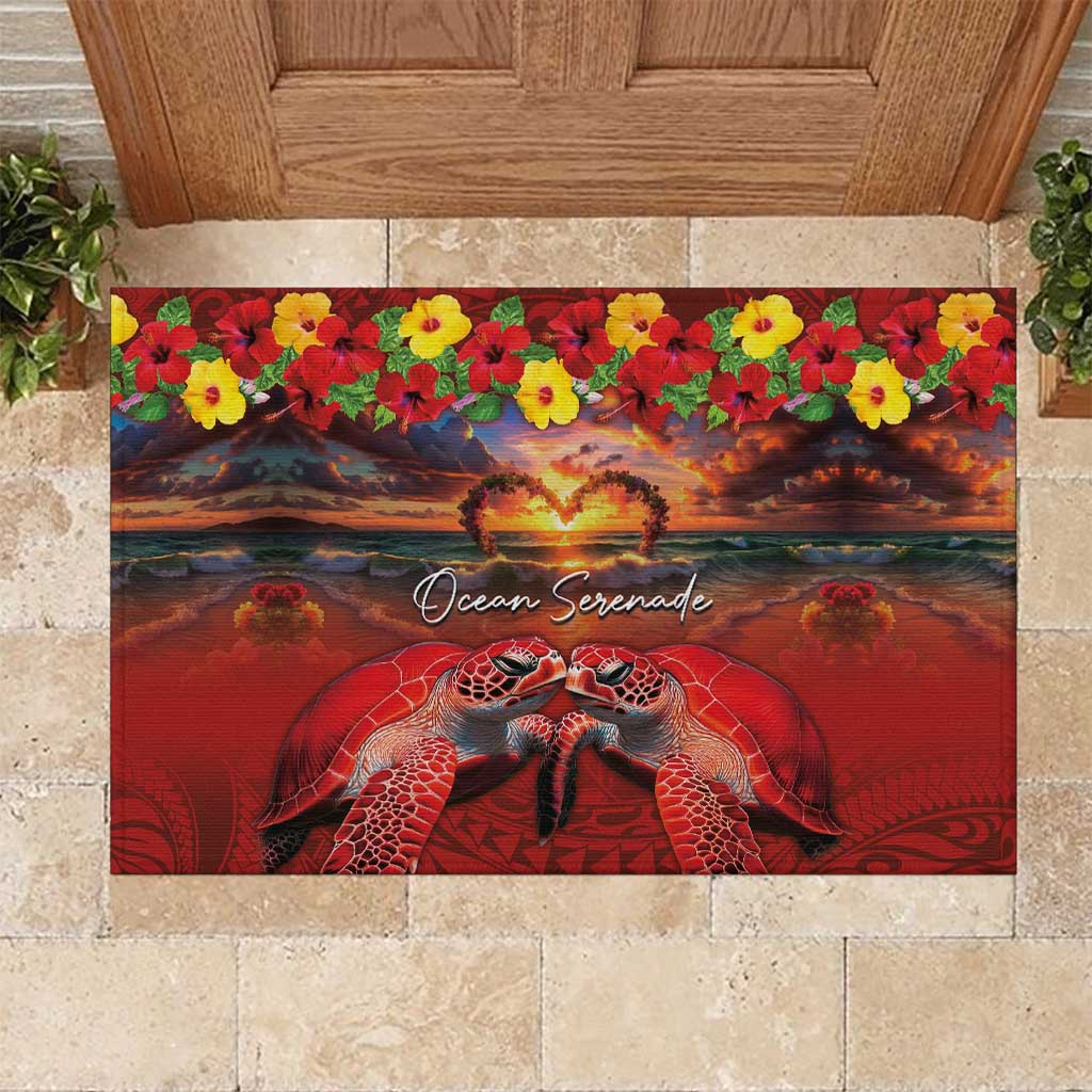 Hawaiian Turtle Love Couple Rubber Doormat Ocean Serenade - Honu Honi Ihu with Hibiscus and Romantic Sunset Red Color LT03 Red - Polynesian Pride