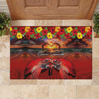 Hawaiian Turtle Love Couple Rubber Doormat Ocean Serenade - Honu Honi Ihu with Hibiscus and Romantic Sunset Red Color LT03 Red - Polynesian Pride