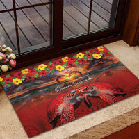 Hawaiian Turtle Love Couple Rubber Doormat Ocean Serenade - Honu Honi Ihu with Hibiscus and Romantic Sunset Red Color LT03 - Polynesian Pride