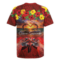 Hawaiian Turtle Love Couple Rugby Jersey Ocean Serenade - Honu Honi Ihu with Hibiscus and Romantic Sunset Red Color LT03 - Polynesian Pride