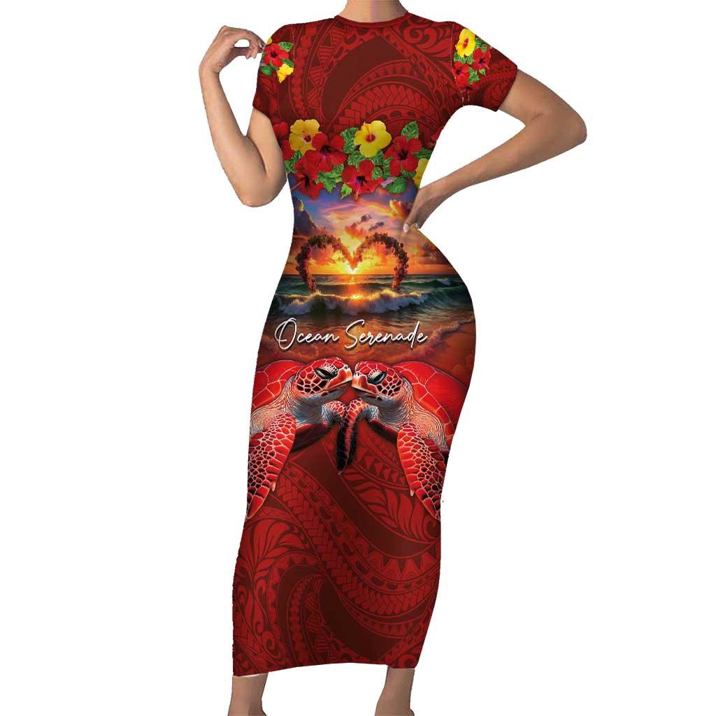 Hawaiian Turtle Love Couple Short Sleeve Bodycon Dress Ocean Serenade - Honu Honi Ihu with Hibiscus and Romantic Sunset Red Color