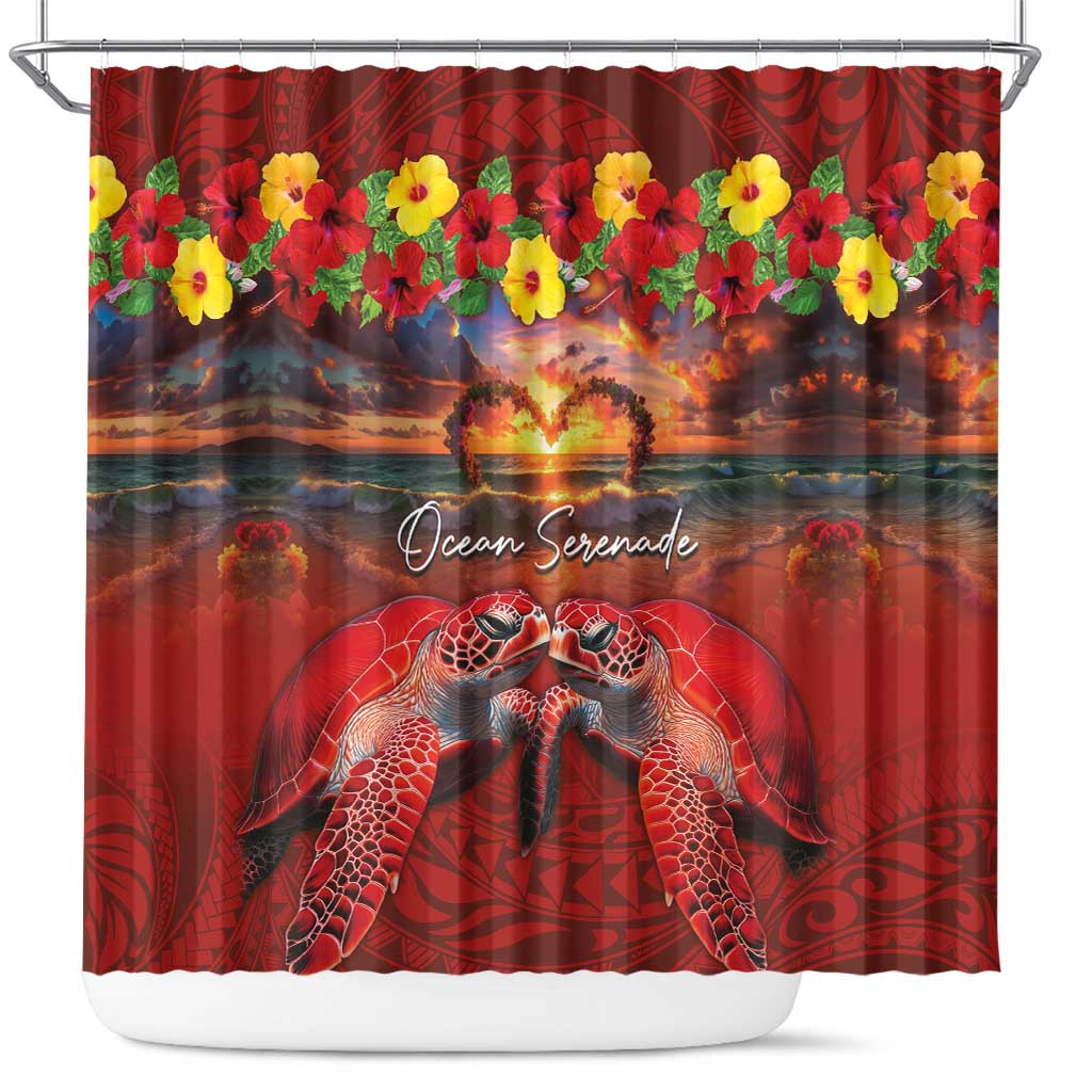 Hawaiian Turtle Love Couple Shower Curtain Ocean Serenade - Honu Honi Ihu with Hibiscus and Romantic Sunset Red Color