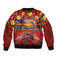 Hawaiian Turtle Love Couple Sleeve Zip Bomber Jacket Ocean Serenade - Honu Honi Ihu with Hibiscus and Romantic Sunset Red Color