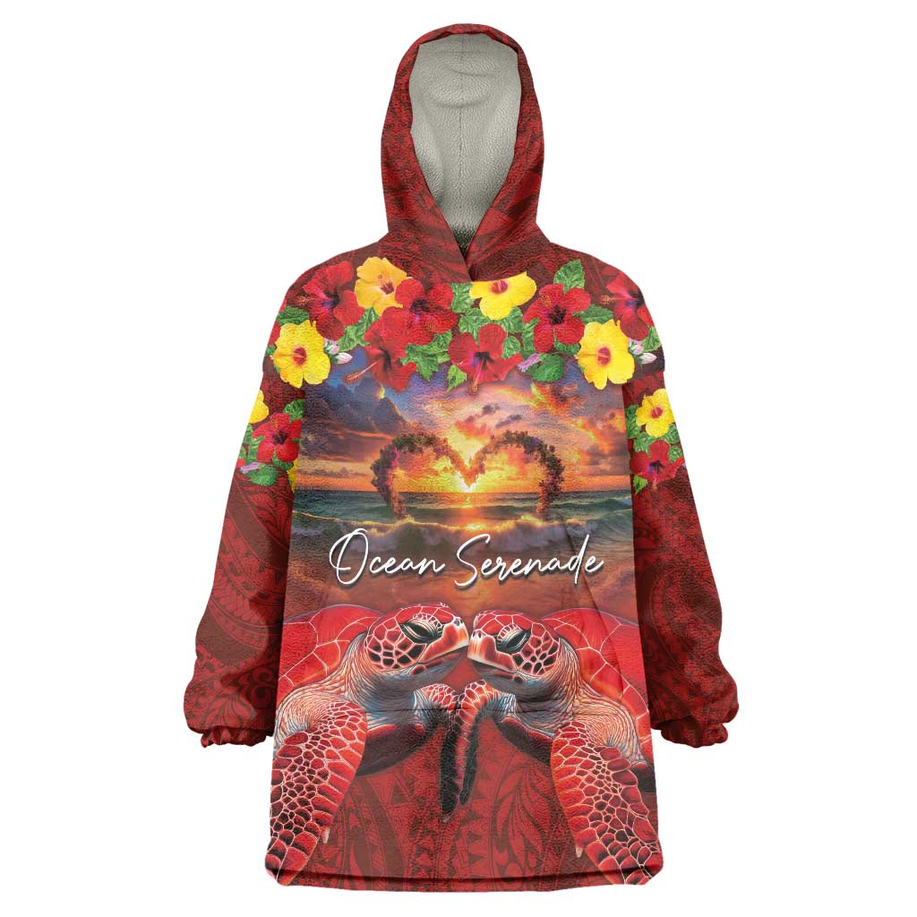 Hawaiian Turtle Love Couple Wearable Blanket Hoodie Ocean Serenade - Honu Honi Ihu with Hibiscus and Romantic Sunset Red Color