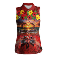 Hawaiian Turtle Love Couple Women Sleeveless Polo Shirt Ocean Serenade - Honu Honi Ihu with Hibiscus and Romantic Sunset Red Color LT03 Female Red - Polynesian Pride