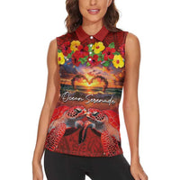 Hawaiian Turtle Love Couple Women Sleeveless Polo Shirt Ocean Serenade - Honu Honi Ihu with Hibiscus and Romantic Sunset Red Color LT03 - Polynesian Pride