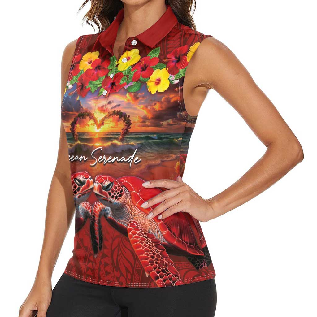 Hawaiian Turtle Love Couple Women Sleeveless Polo Shirt Ocean Serenade - Honu Honi Ihu with Hibiscus and Romantic Sunset Red Color LT03 - Polynesian Pride