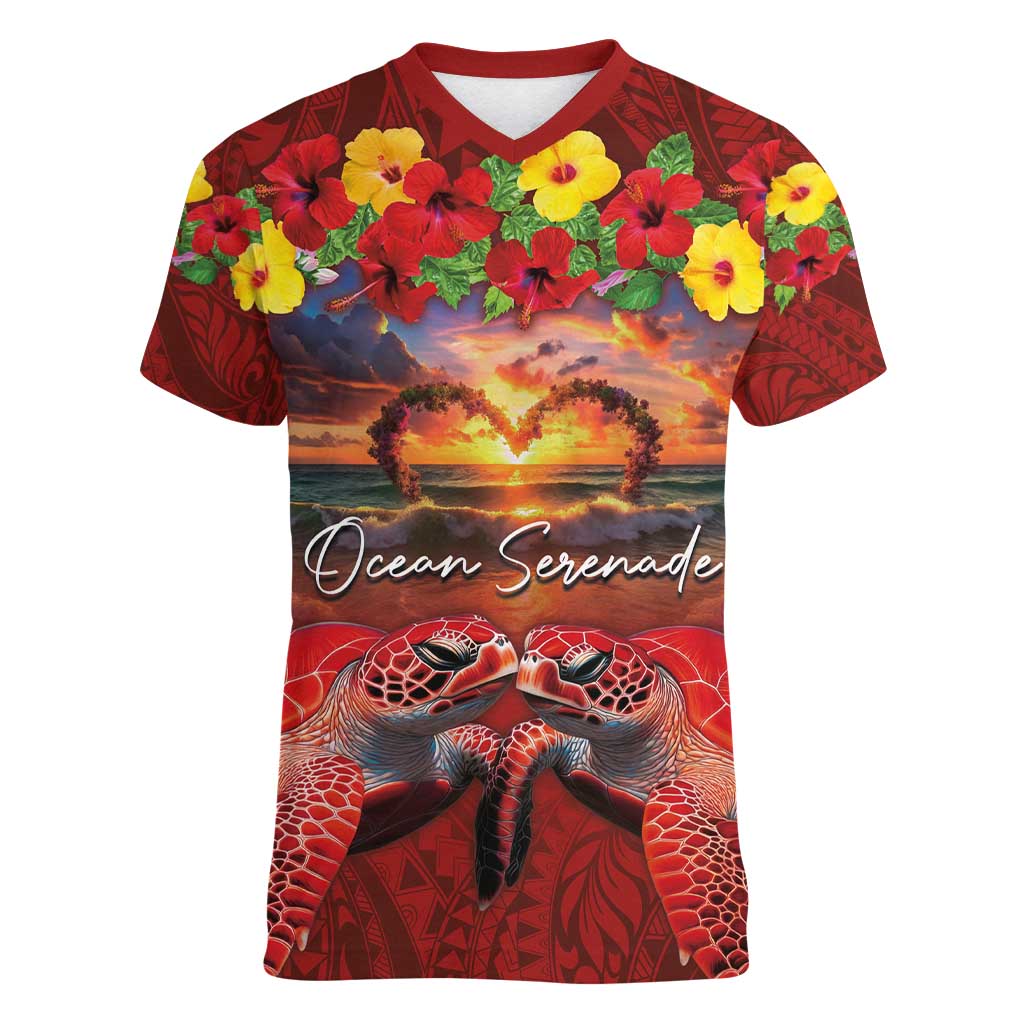 Hawaiian Turtle Love Couple Women V-Neck T-Shirt Ocean Serenade - Honu Honi Ihu with Hibiscus and Romantic Sunset Red Color LT03 Female Red - Polynesian Pride