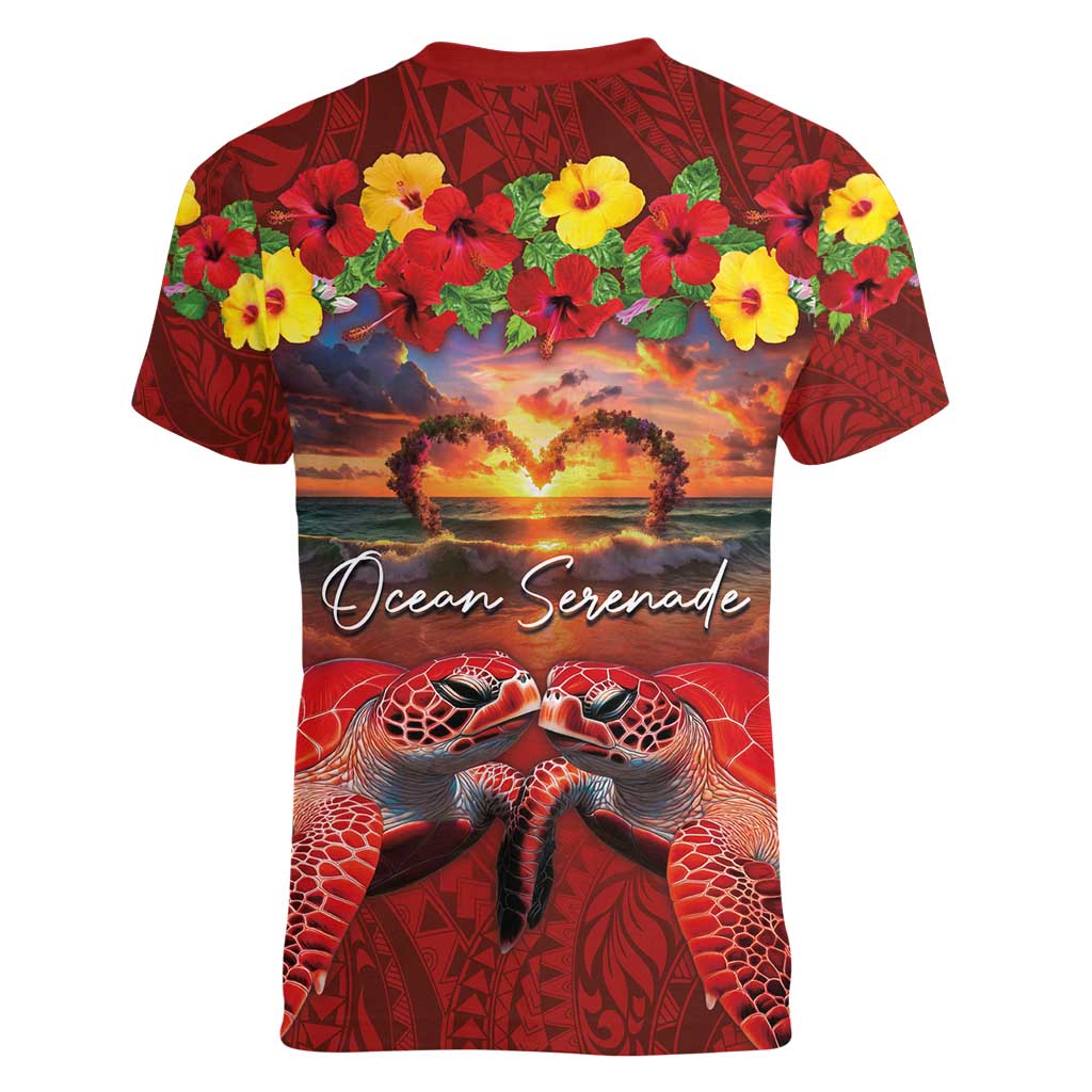 Hawaiian Turtle Love Couple Women V-Neck T-Shirt Ocean Serenade - Honu Honi Ihu with Hibiscus and Romantic Sunset Red Color LT03 - Polynesian Pride