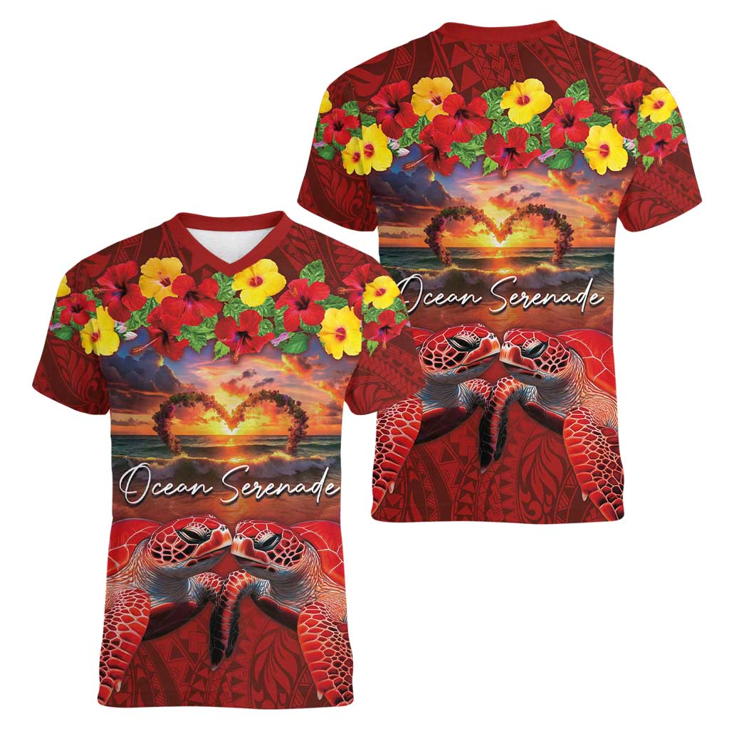 Hawaiian Turtle Love Couple Women V-Neck T-Shirt Ocean Serenade - Honu Honi Ihu with Hibiscus and Romantic Sunset Red Color LT03 - Polynesian Pride