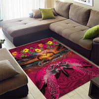 Hawaiian Turtle Love Couple Area Rug Ocean Serenade - Honu Honi Ihu with Hibiscus and Romantic Sunset Pink Color