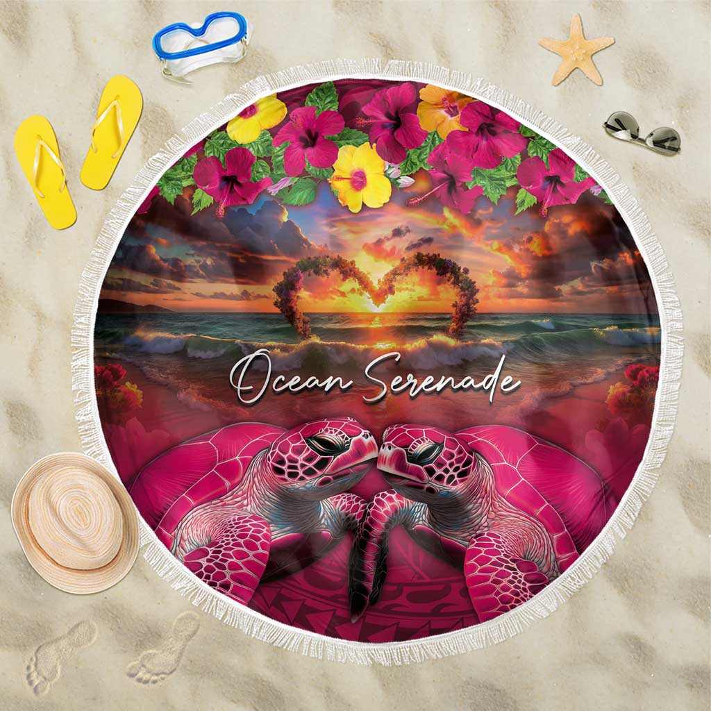 Hawaiian Turtle Love Couple Beach Blanket Ocean Serenade - Honu Honi Ihu with Hibiscus and Romantic Sunset Pink Color