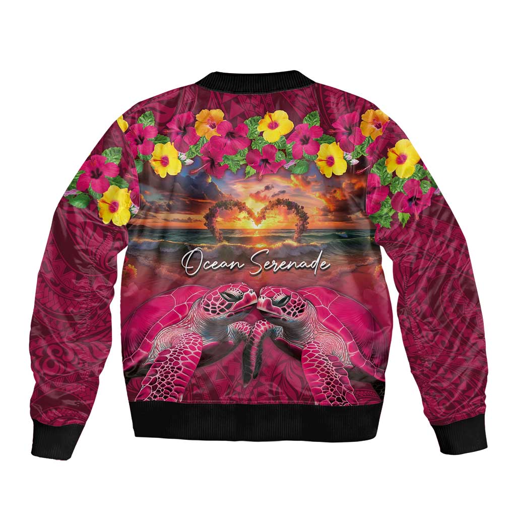 Hawaiian Turtle Love Couple Bomber Jacket Ocean Serenade - Honu Honi Ihu with Hibiscus and Romantic Sunset Pink Color
