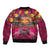 Hawaiian Turtle Love Couple Bomber Jacket Ocean Serenade - Honu Honi Ihu with Hibiscus and Romantic Sunset Pink Color