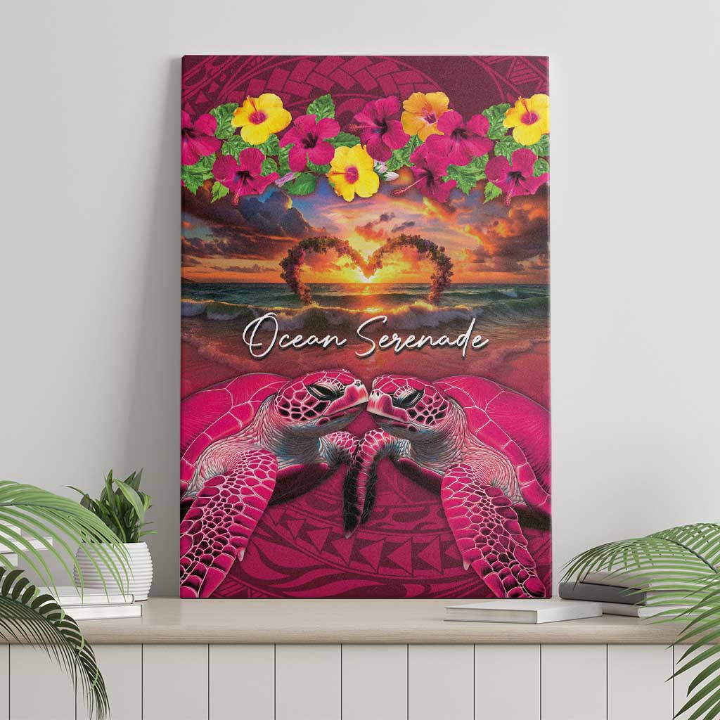 Hawaiian Turtle Love Couple Canvas Wall Art Ocean Serenade - Honu Honi Ihu with Hibiscus and Romantic Sunset Pink Color