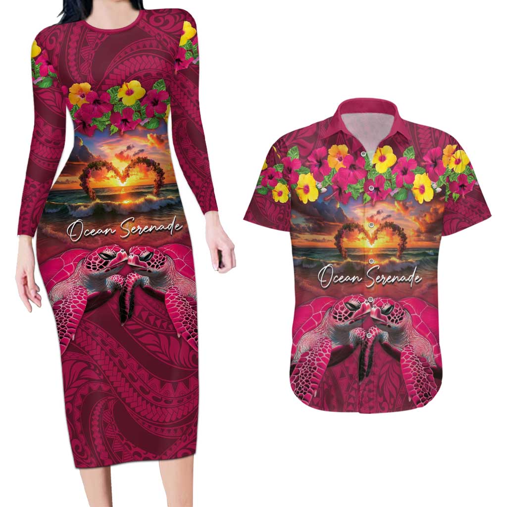 Hawaiian Turtle Love Couple Couples Matching Long Sleeve Bodycon Dress and Hawaiian Shirt Ocean Serenade - Honu Honi Ihu with Hibiscus and Romantic Sunset Pink Color LT03 Pink - Polynesian Pride