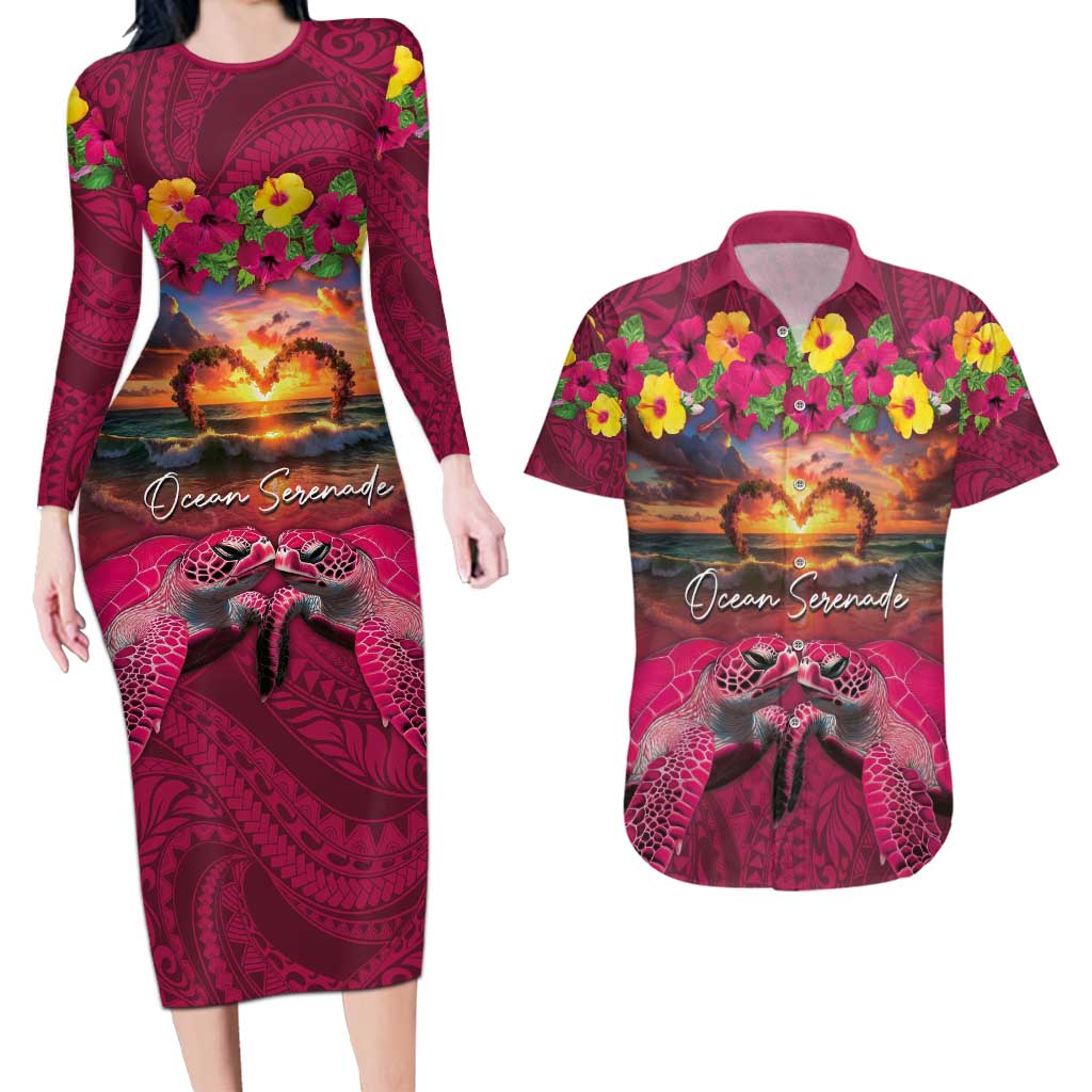 Hawaiian Turtle Love Couple Couples Matching Long Sleeve Bodycon Dress and Hawaiian Shirt Ocean Serenade - Honu Honi Ihu with Hibiscus and Romantic Sunset Pink Color