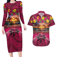 Hawaiian Turtle Love Couple Couples Matching Long Sleeve Bodycon Dress and Hawaiian Shirt Ocean Serenade - Honu Honi Ihu with Hibiscus and Romantic Sunset Pink Color LT03 Pink - Polynesian Pride
