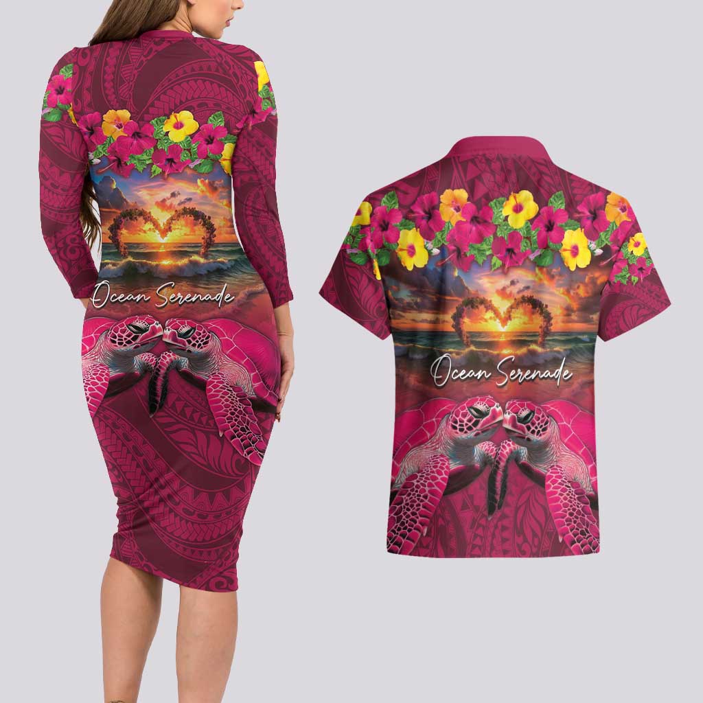 Hawaiian Turtle Love Couple Couples Matching Long Sleeve Bodycon Dress and Hawaiian Shirt Ocean Serenade - Honu Honi Ihu with Hibiscus and Romantic Sunset Pink Color LT03 - Polynesian Pride