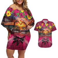Hawaiian Turtle Love Couple Couples Matching Off Shoulder Short Dress and Hawaiian Shirt Ocean Serenade - Honu Honi Ihu with Hibiscus and Romantic Sunset Pink Color