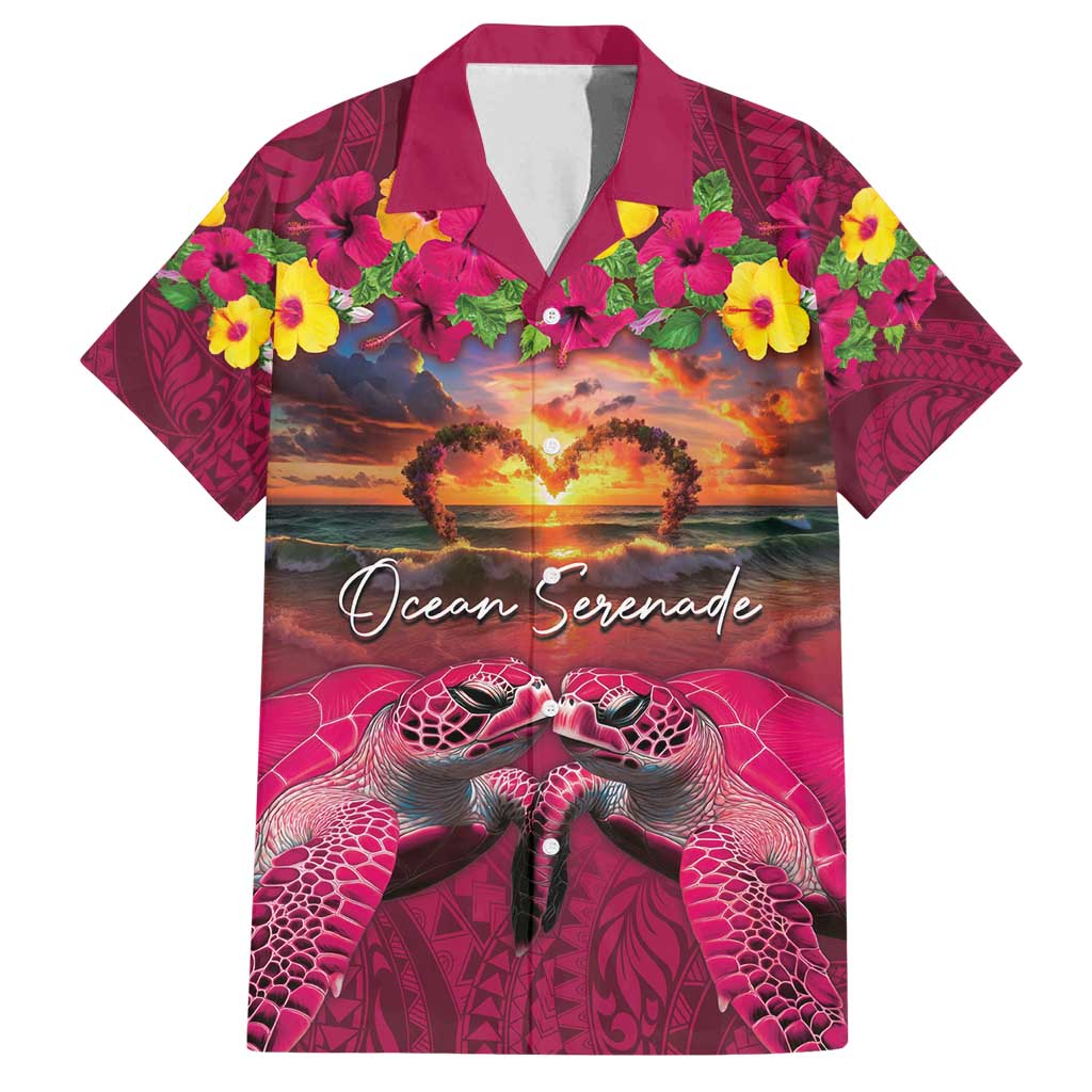 Hawaiian Turtle Love Couple Family Matching Long Sleeve Bodycon Dress and Hawaiian Shirt Ocean Serenade - Honu Honi Ihu with Hibiscus and Romantic Sunset Pink Color