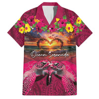 Hawaiian Turtle Love Couple Family Matching Long Sleeve Bodycon Dress and Hawaiian Shirt Ocean Serenade - Honu Honi Ihu with Hibiscus and Romantic Sunset Pink Color