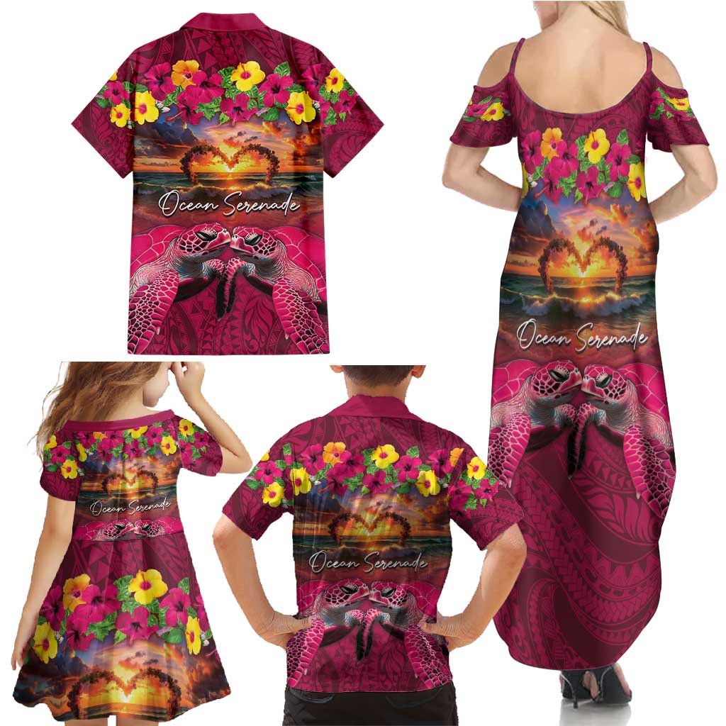 Hawaiian Turtle Love Couple Family Matching Summer Maxi Dress and Hawaiian Shirt Ocean Serenade - Honu Honi Ihu with Hibiscus and Romantic Sunset Pink Color