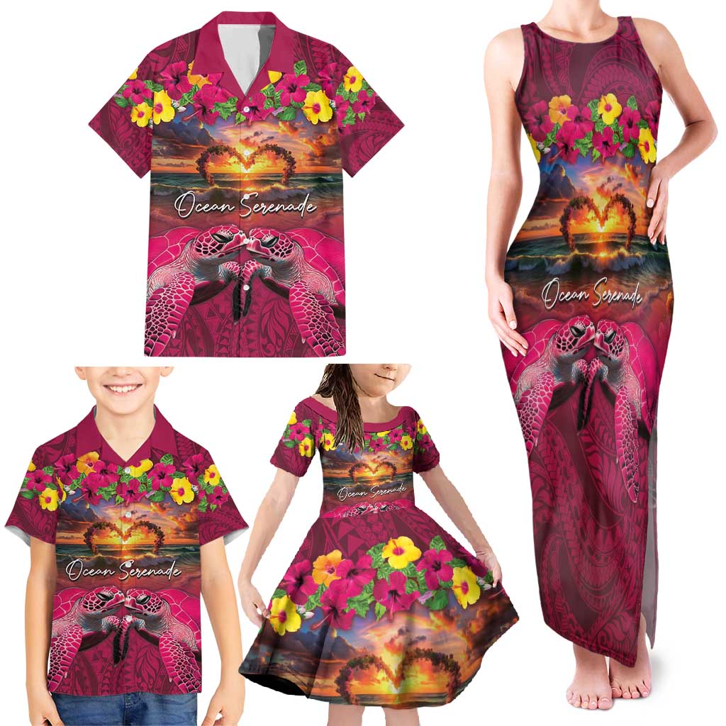 Hawaiian Turtle Love Couple Family Matching Tank Maxi Dress and Hawaiian Shirt Ocean Serenade - Honu Honi Ihu with Hibiscus and Romantic Sunset Pink Color