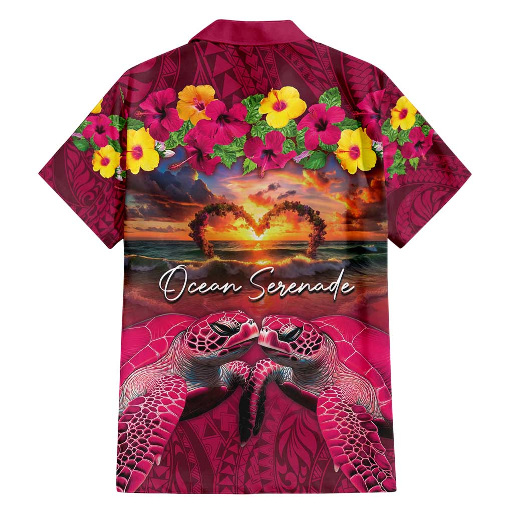 Hawaiian Turtle Love Couple Family Matching Tank Maxi Dress and Hawaiian Shirt Ocean Serenade - Honu Honi Ihu with Hibiscus and Romantic Sunset Pink Color
